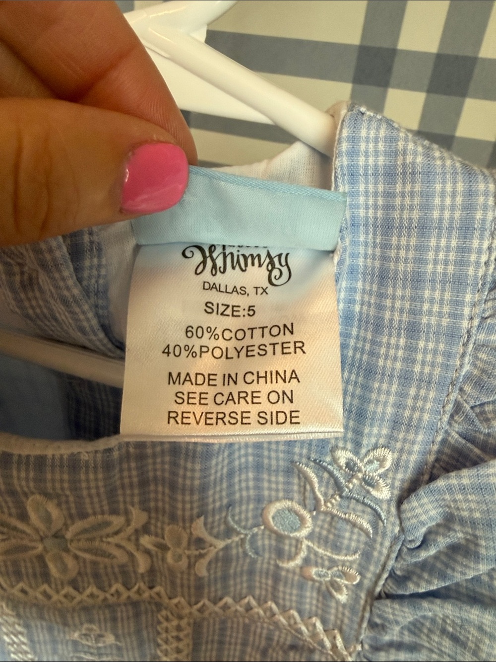 Light Blue Checked Embroidered Ruffle-Sleeve Kids Dress - 5 - Picture 4 of 8